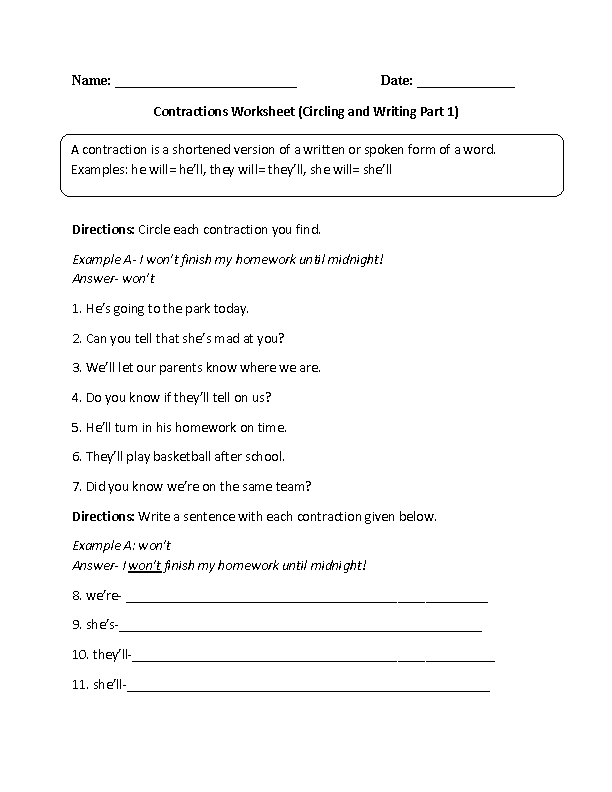 Contractions Worksheet 5th Grade