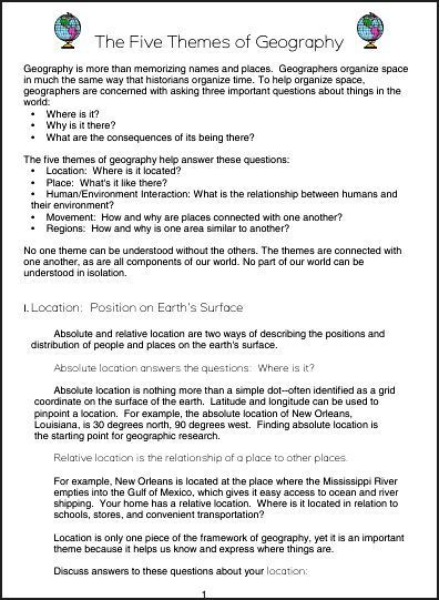 5 Themes Of Geography Worksheet 8th Grade