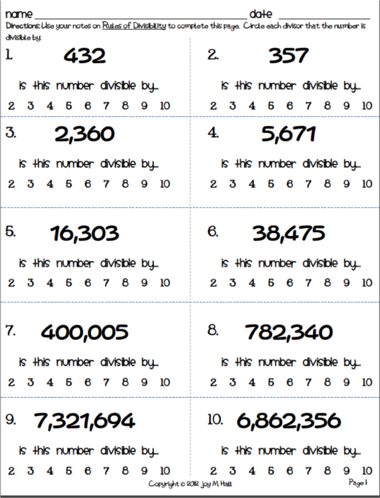 Divisibility Rules Worksheets With Answer Key Pdf