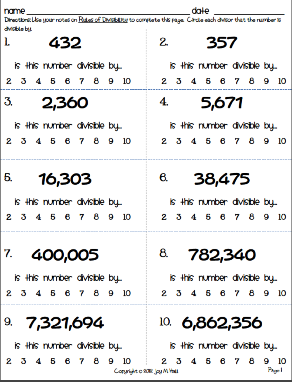 Divisibility Rules Worksheets With Answer Key Pdf