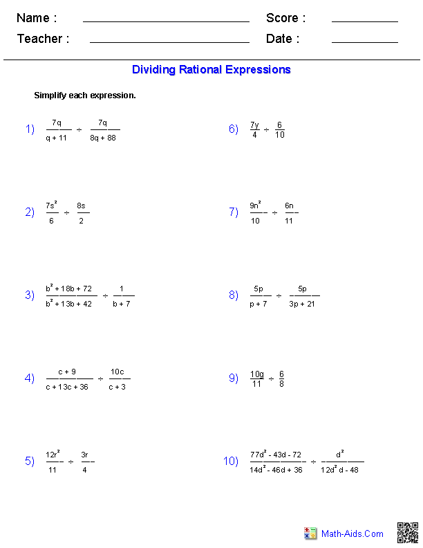 Multiplying And Dividing Rational Expressions Worksheets With Answers Pdf