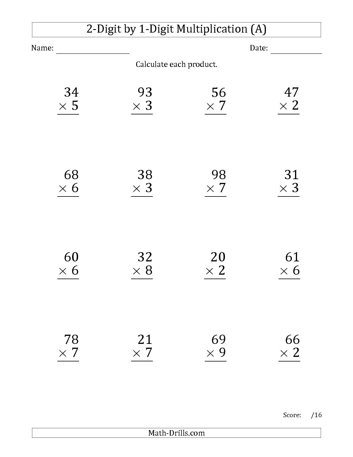 Math Worksheets Multiplication 2 Digit By 1 Digit