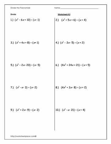 Algebra 2 Dividing Polynomials Worksheet