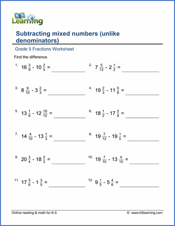 Subtracting Fractions Worksheets Grade 6