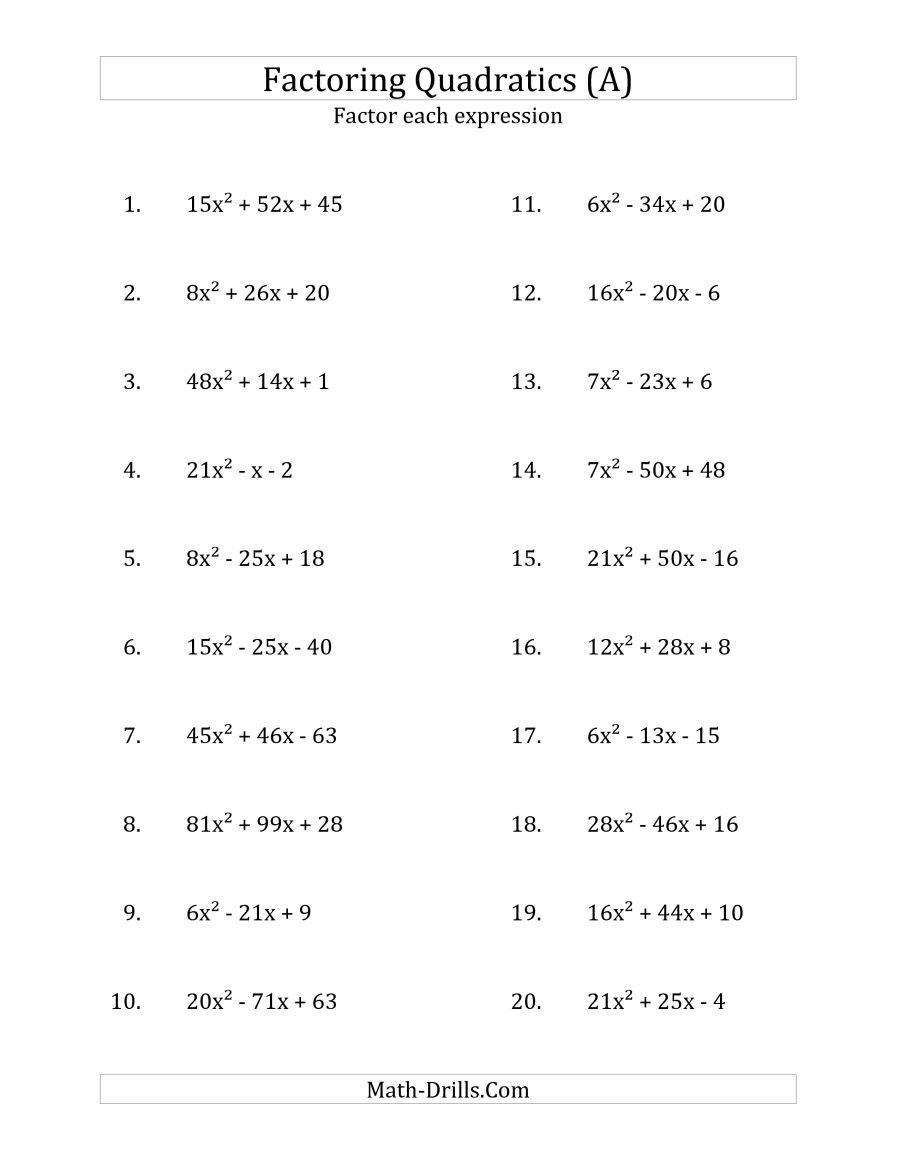 Factoring Quadratic Equations Worksheet Pdf