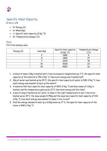 Specific Heat Worksheet With Answers