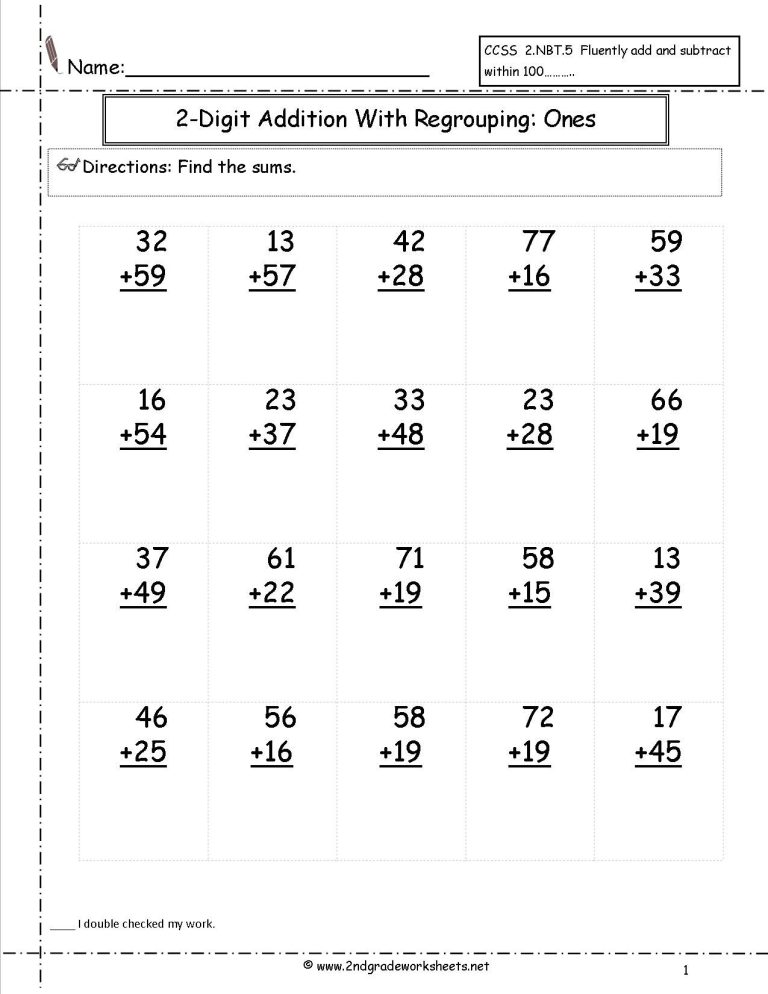 2nd Grade Double Digit Addition With Regrouping Worksheets