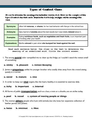 Types Of Context Clues Worksheets With Answers