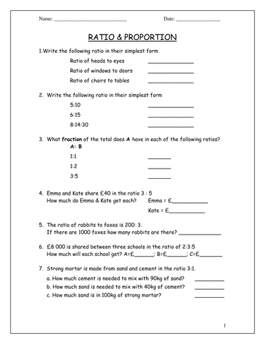 Ratio And Proportion Worksheet Answer Key