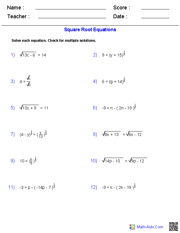 Simple Radical Equations Worksheet