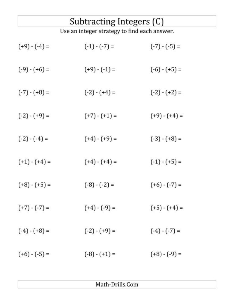 Subtracting Integers Worksheet With Answers