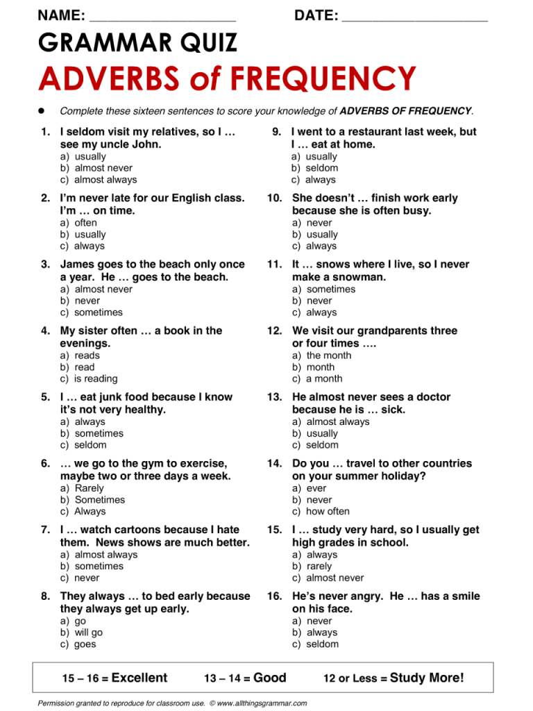 Adverbs Of Frequency Worksheets For Grade 1