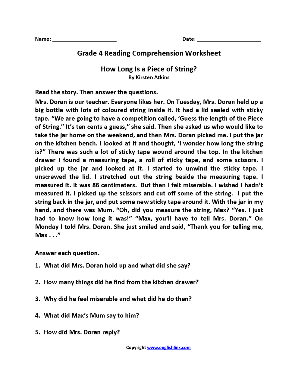 Year 5 Reading Comprehension Worksheets