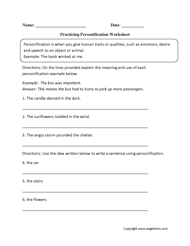 Personification Worksheet Answers