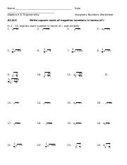 Imaginary Numbers Worksheet A2.n.6 Answers
