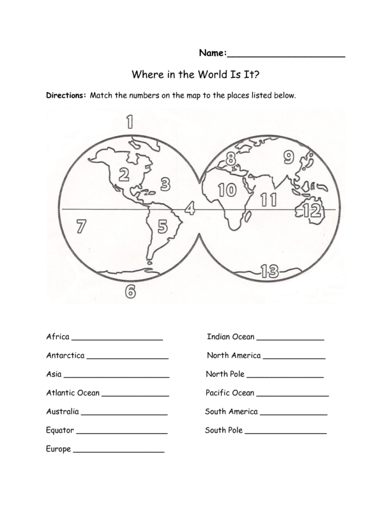 Continents And Oceans Worksheet For 3rd Grade