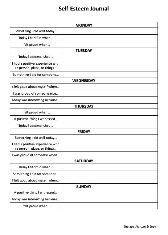 Self Esteem Worksheets For Adults