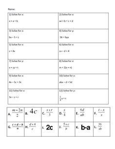 Algebra Solving Literal Equations Worksheet