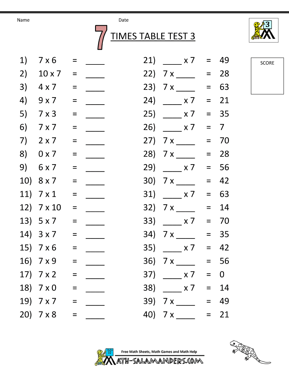 Year 7 Times Table Worksheets