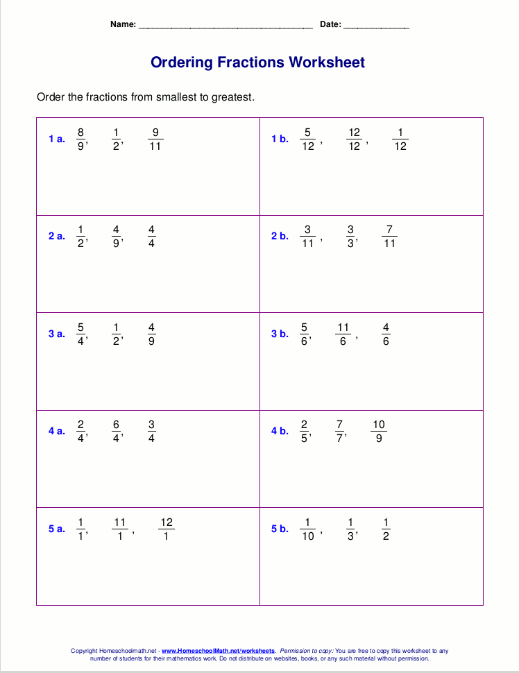 Ordering Fractions Worksheet With Answers