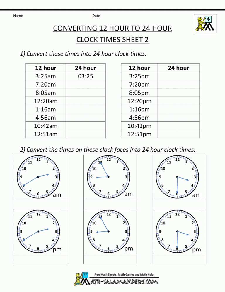 24 Hour Clock Worksheets