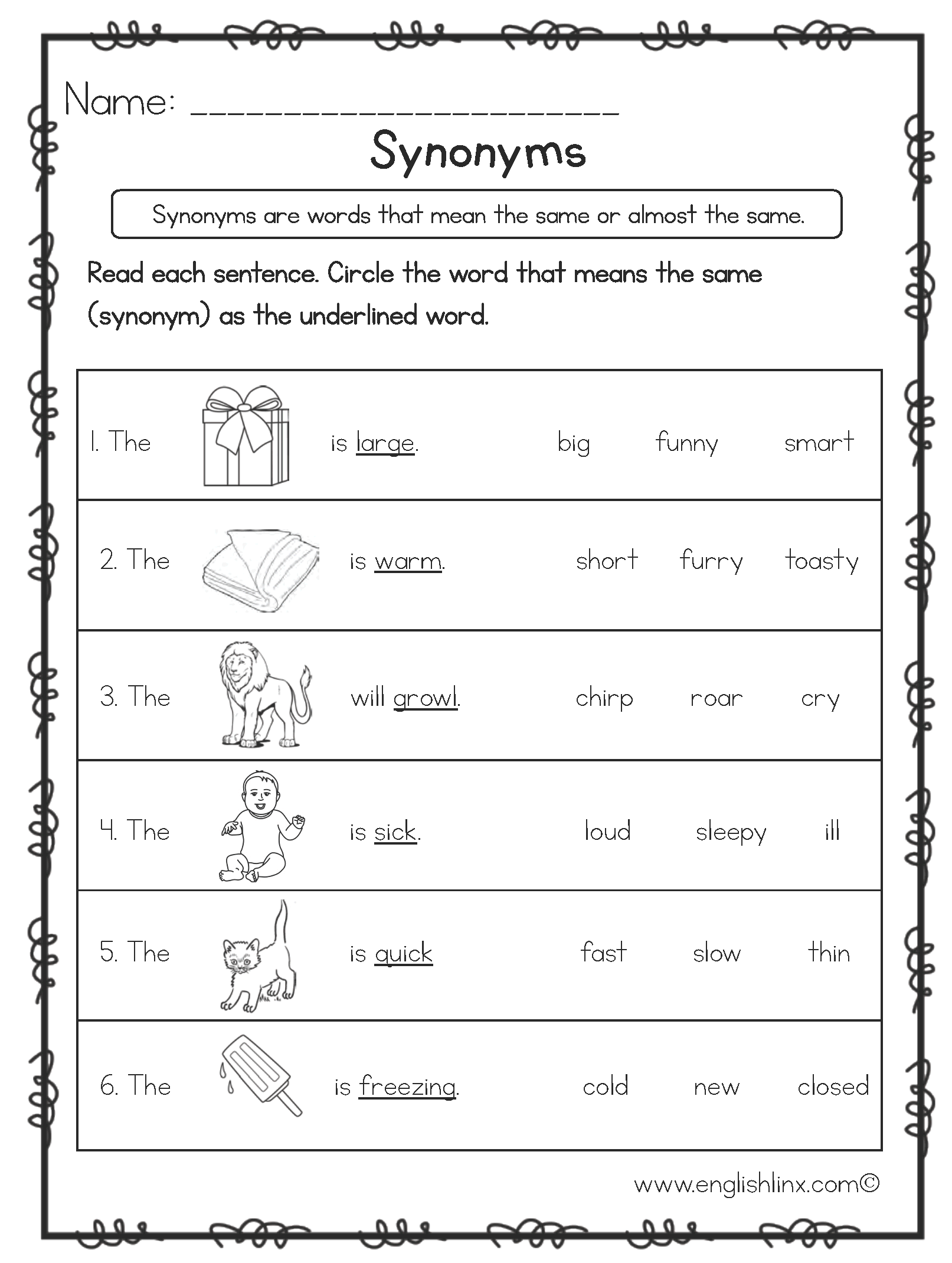 synonym worksheet for grade 3