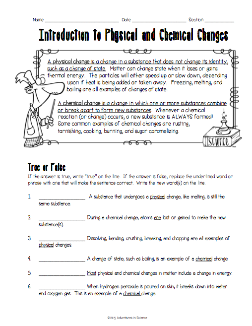 Physical And Chemical Changes Worksheet 7th Grade