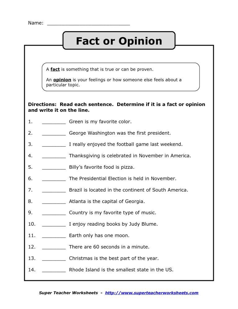 Fact And Opinion Worksheets 5th Grade