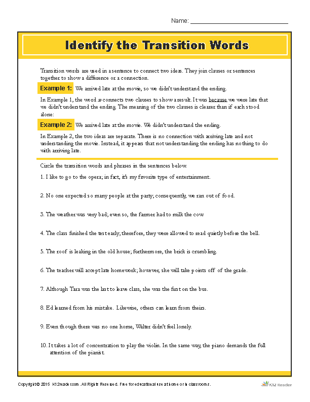 Transition Words Worksheet 1st Grade