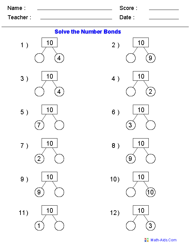 2nd Grade Grade 3 Number Bonds Worksheets