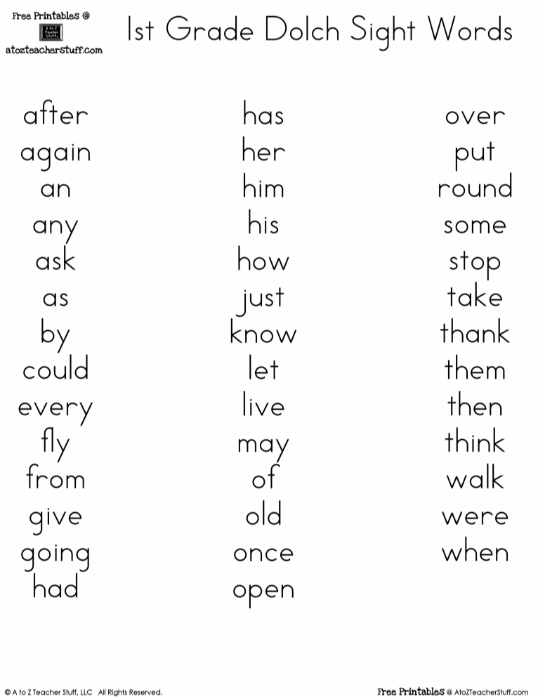 1st Grade Sight Words Printable Free