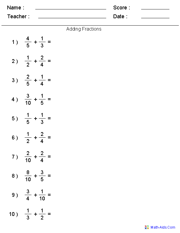 Adding Fractions Math Aids Answer Key