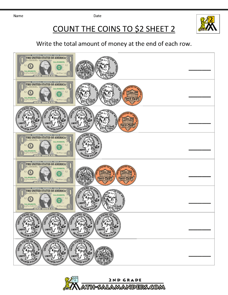 2nd Grade Math Worksheets Counting Money