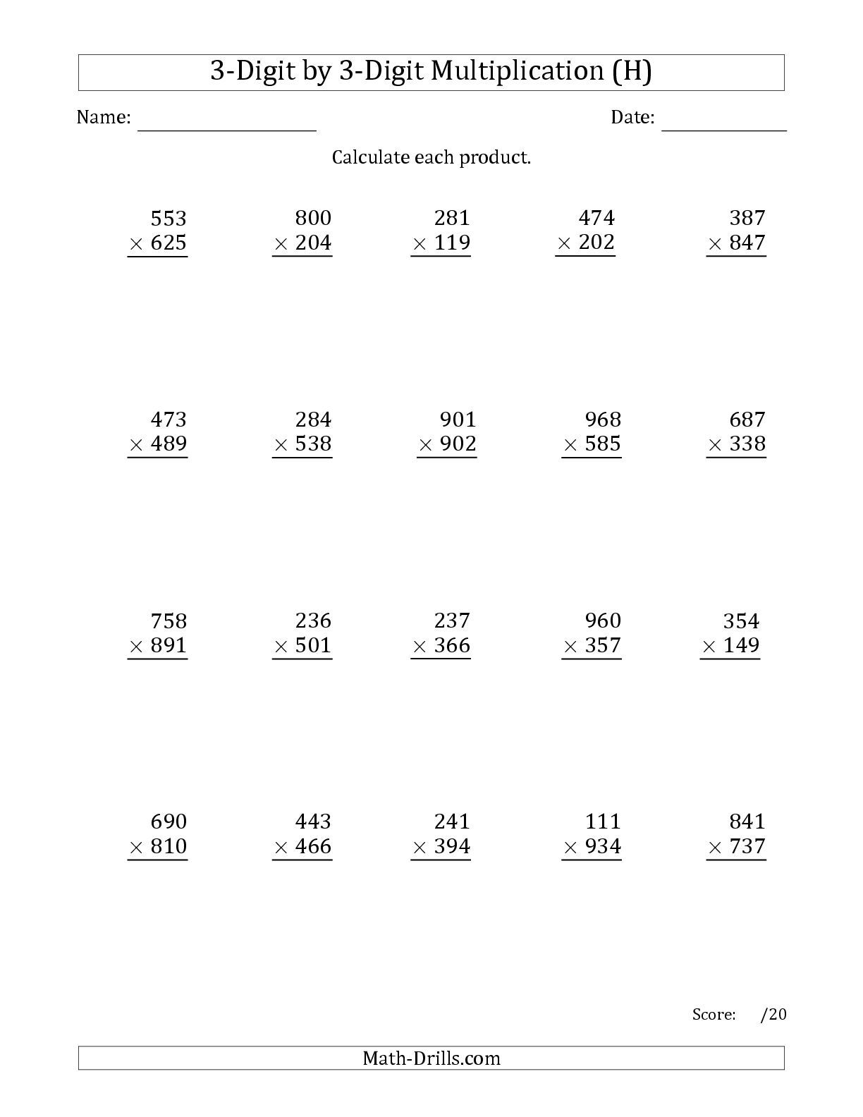 Long Multiplication Worksheets 3 Digit By 3 Digit