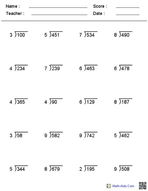 Division For Class 4 Worksheet
