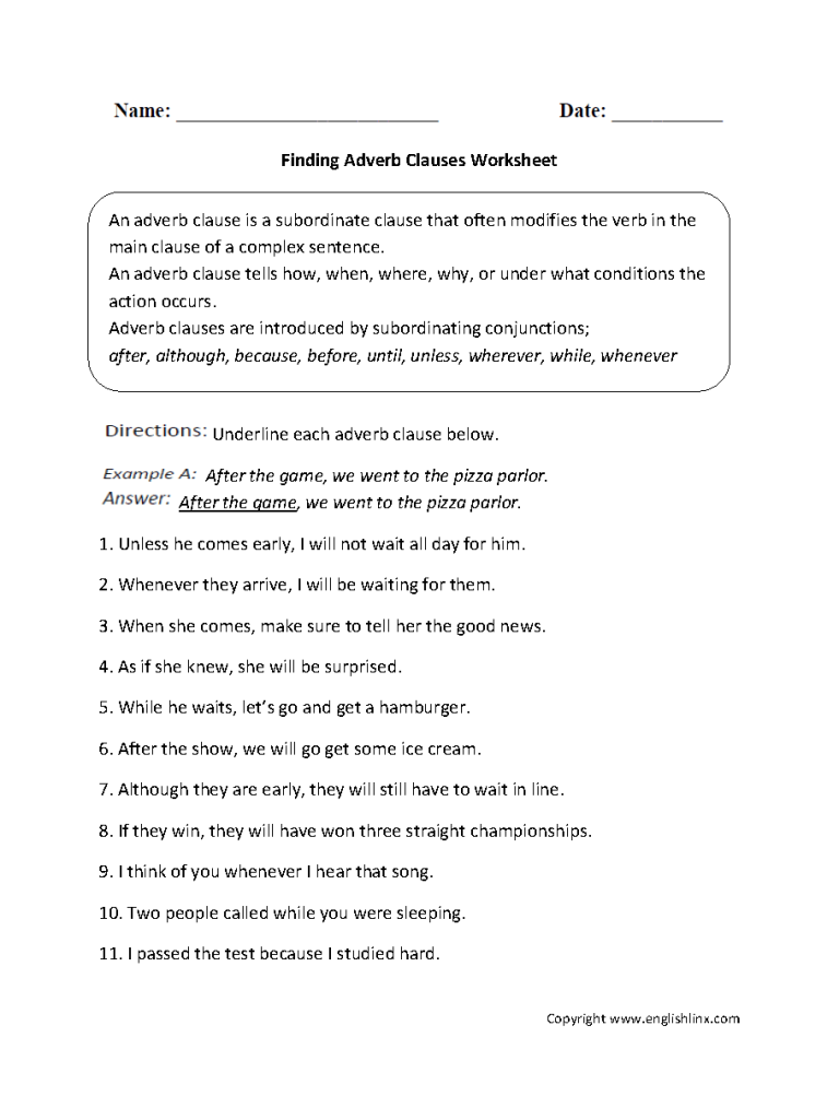 Grade 5 Adverb Clause Worksheet