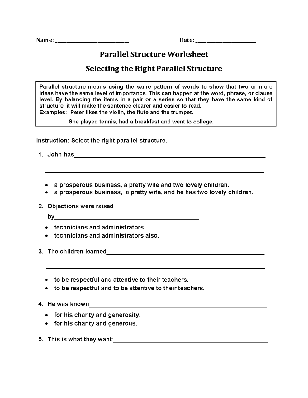 Parallel Structure Worksheet Pdf