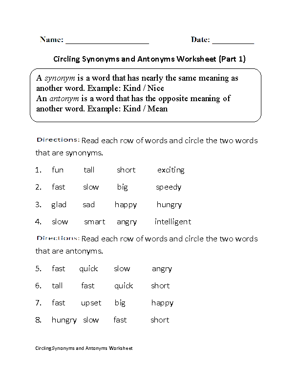 Antonyms Worksheet For Grade 5