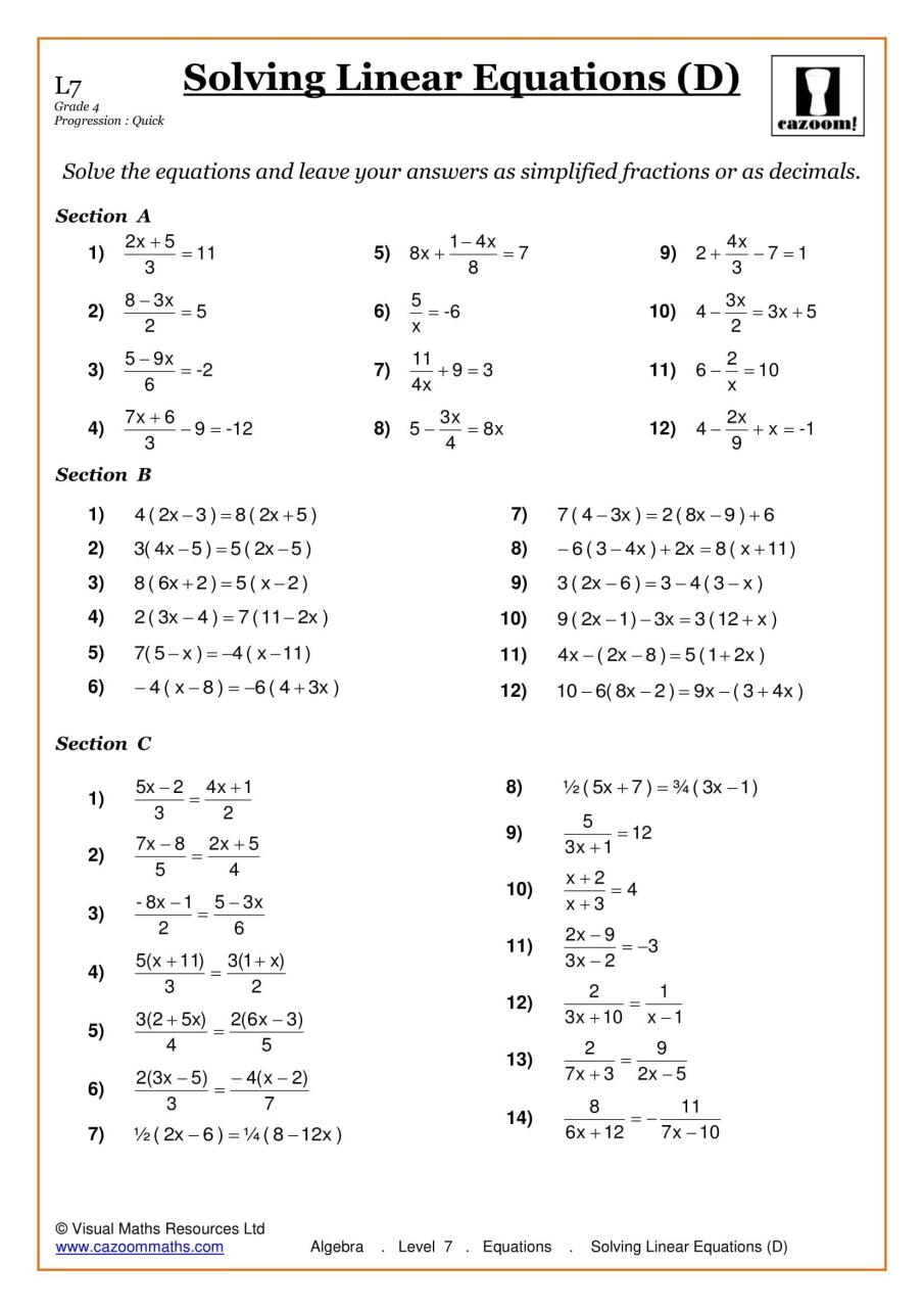 Grade 7 Simple Algebra Worksheets
