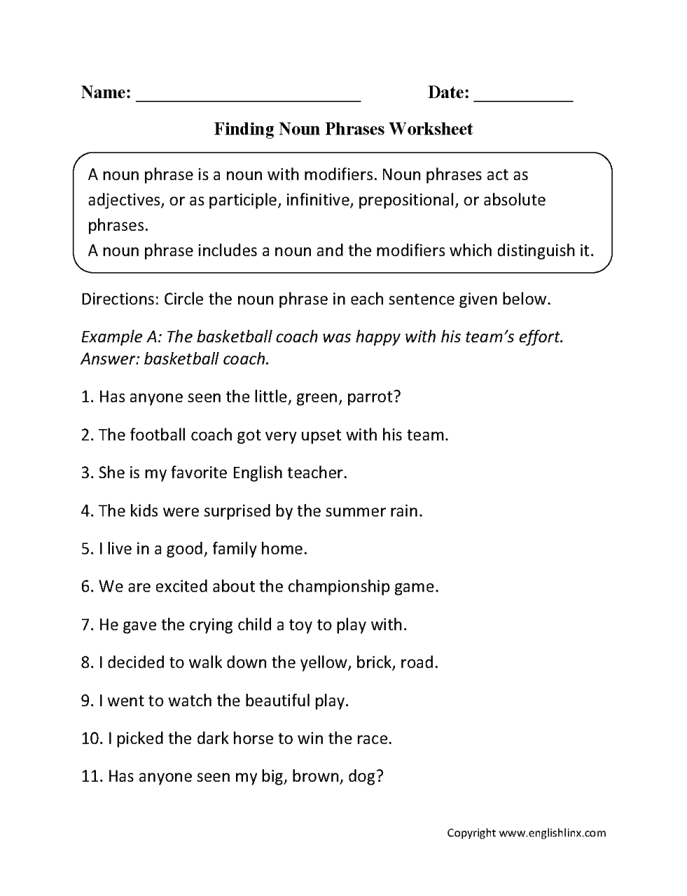 Verb Phrase Worksheet With Answers