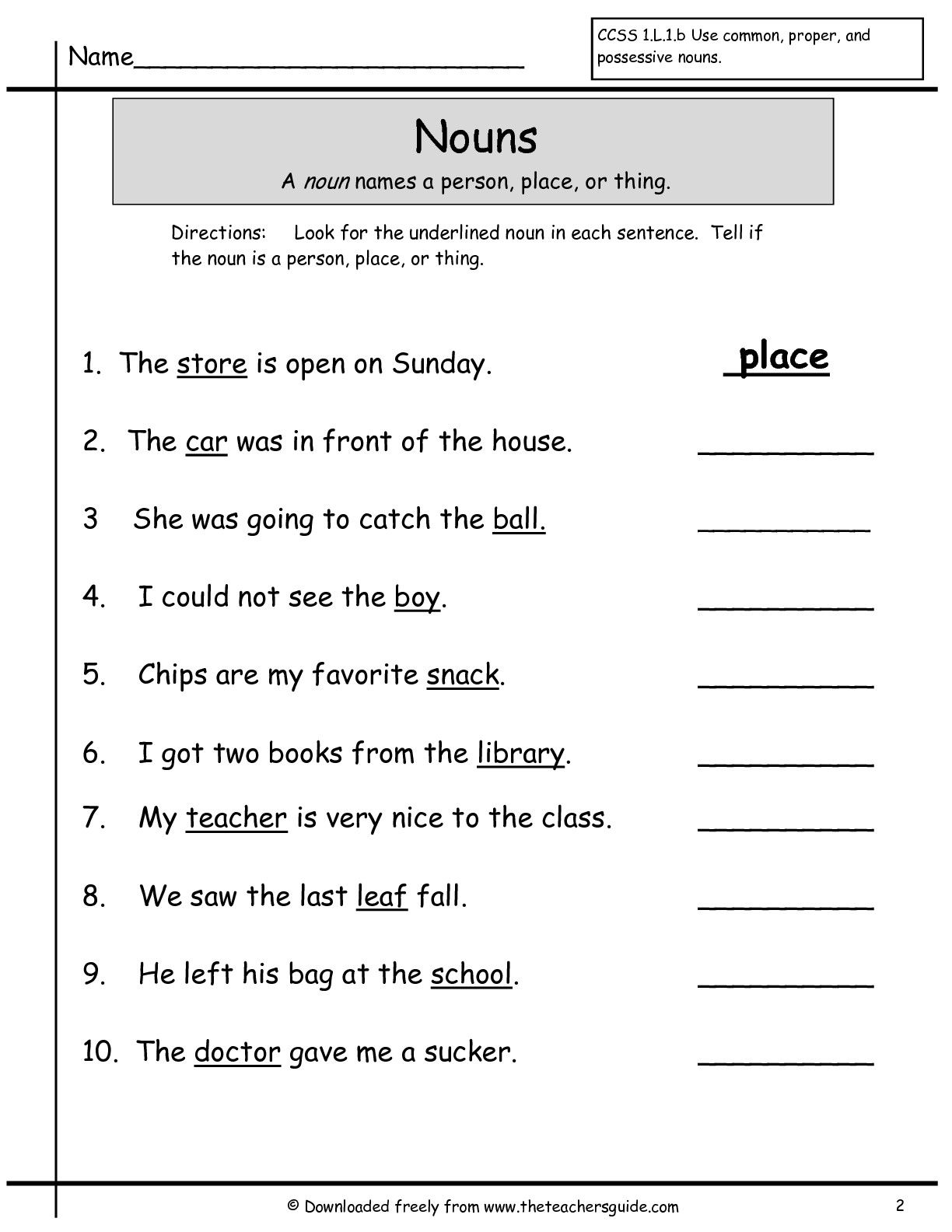 English Worksheets For Grade 1 Nouns