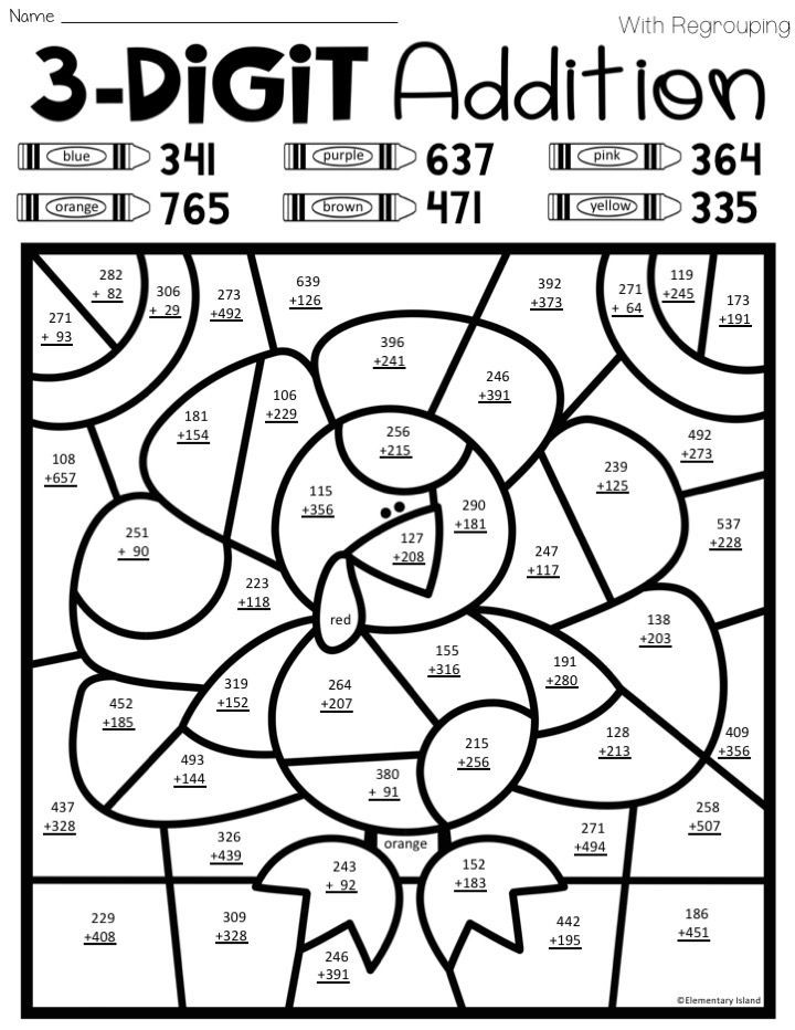 3 Digit Addition Without Regrouping Coloring Worksheets