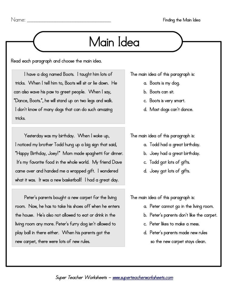 Finding The Main Idea Worksheets