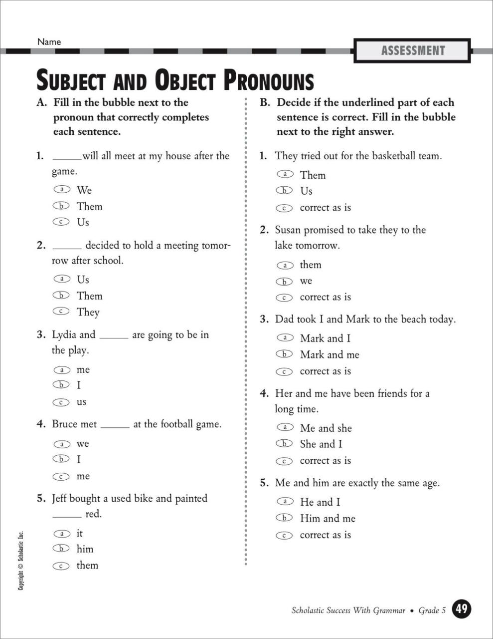 5th Grade Free Pronoun Worksheets