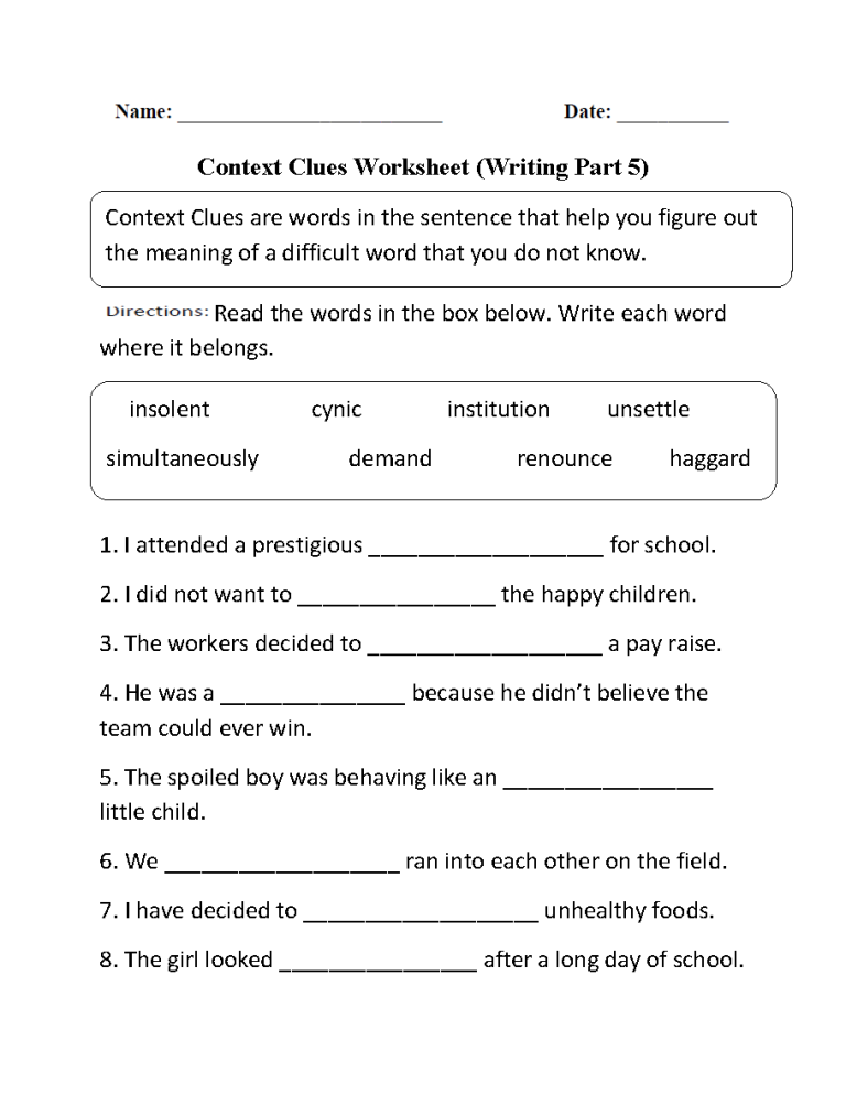 7th Grade Context Clues Worksheets Pdf