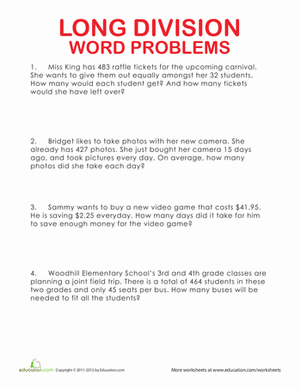 Long Division Word Problems With Remainders