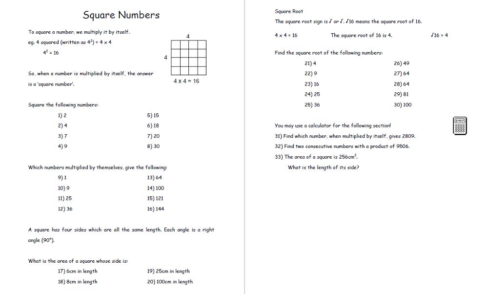 Square Numbers Worksheet Grade 7
