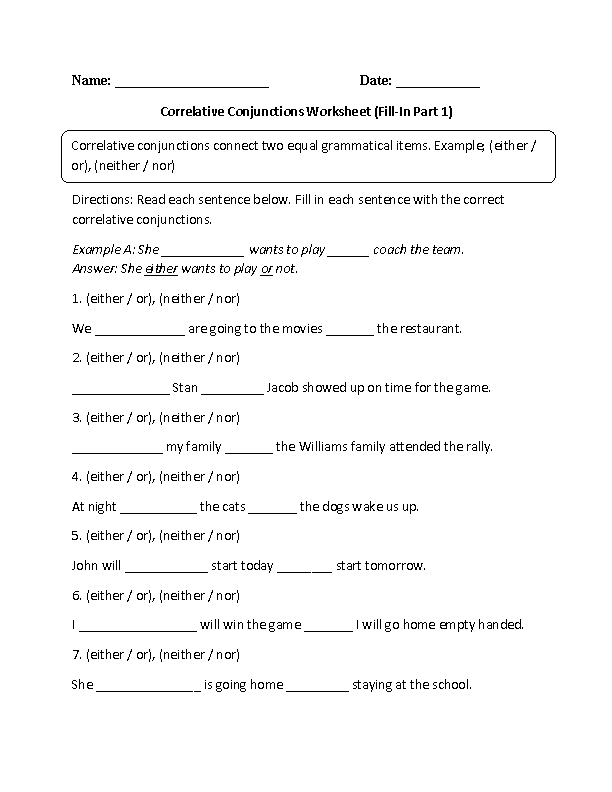 Conjunction Worksheets For Kids