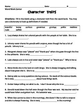 Character Traits Worksheets 3rd Grade