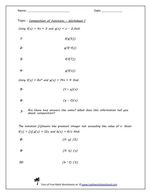 Composition Of Functions Worksheet Pdf